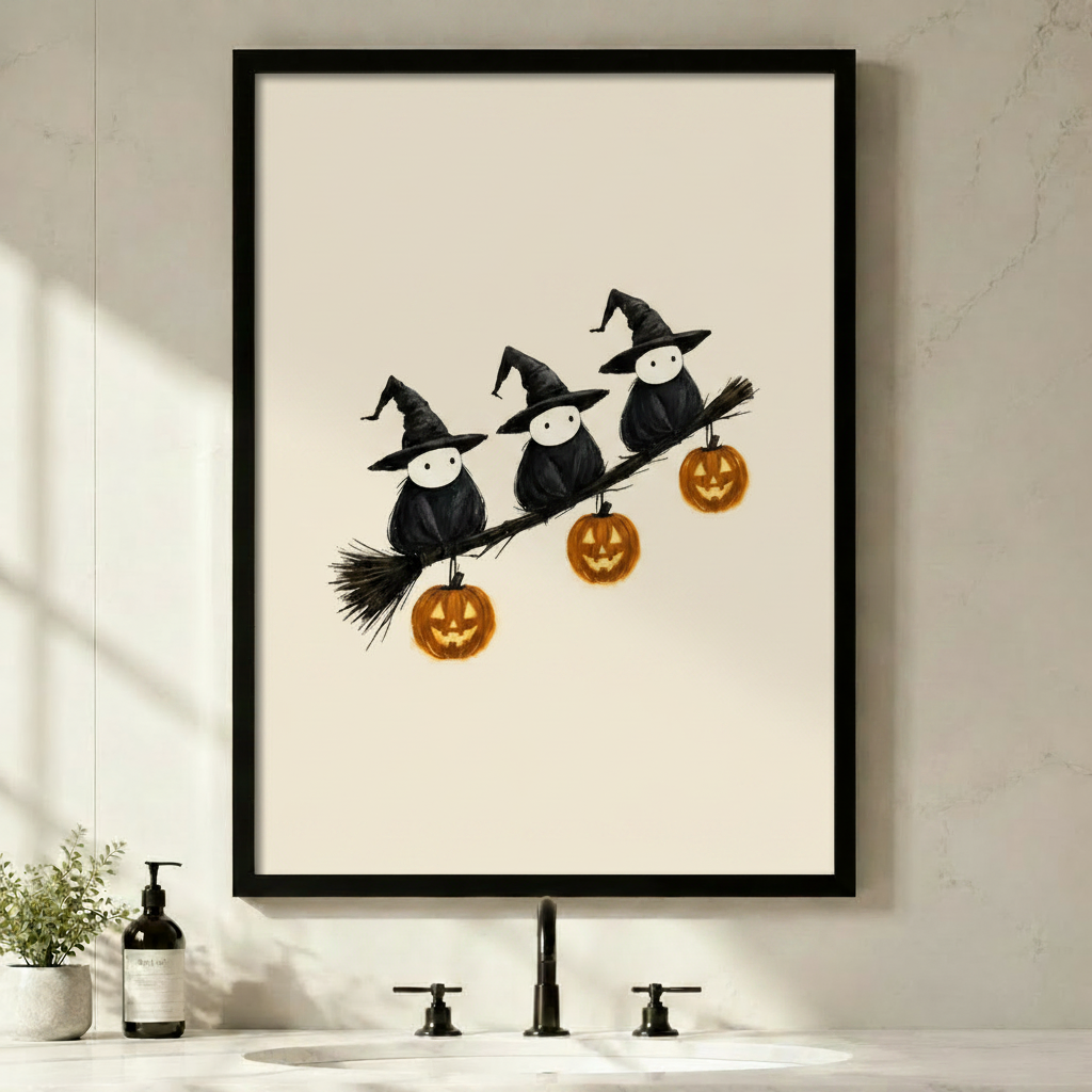 Black framed Halloween witch birds perched on broomstick with glowing jack-o-lantern pumpkins wall art print above bathroom sink