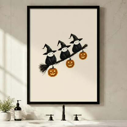 Black framed Halloween witch birds perched on broomstick with glowing jack-o-lantern pumpkins wall art print above bathroom sink