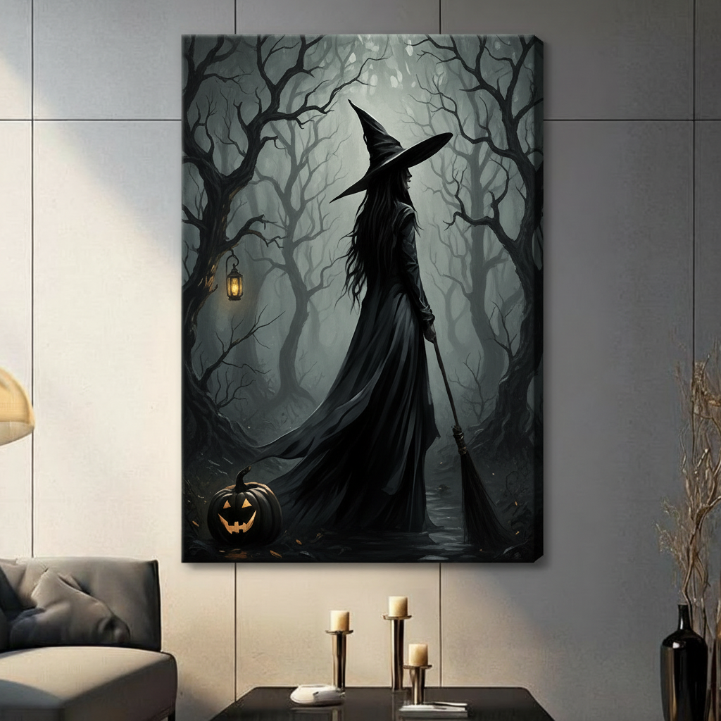 Halloween witch with lantern and broom in misty forest, stretched canvas wall art in dark academia style for living room decor