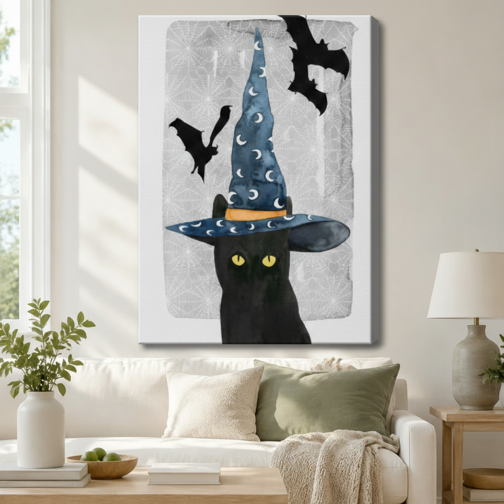 Stretched canvas Halloween witch black cat with bat wall art featuring a brooding black cat with piercing yellow eyes beneath a tall blue crescent moon witch hat with two black bats swooping overhead on a textured silver-gray watercolor background, hung above a white sofa with sage green pillows in a bright living room