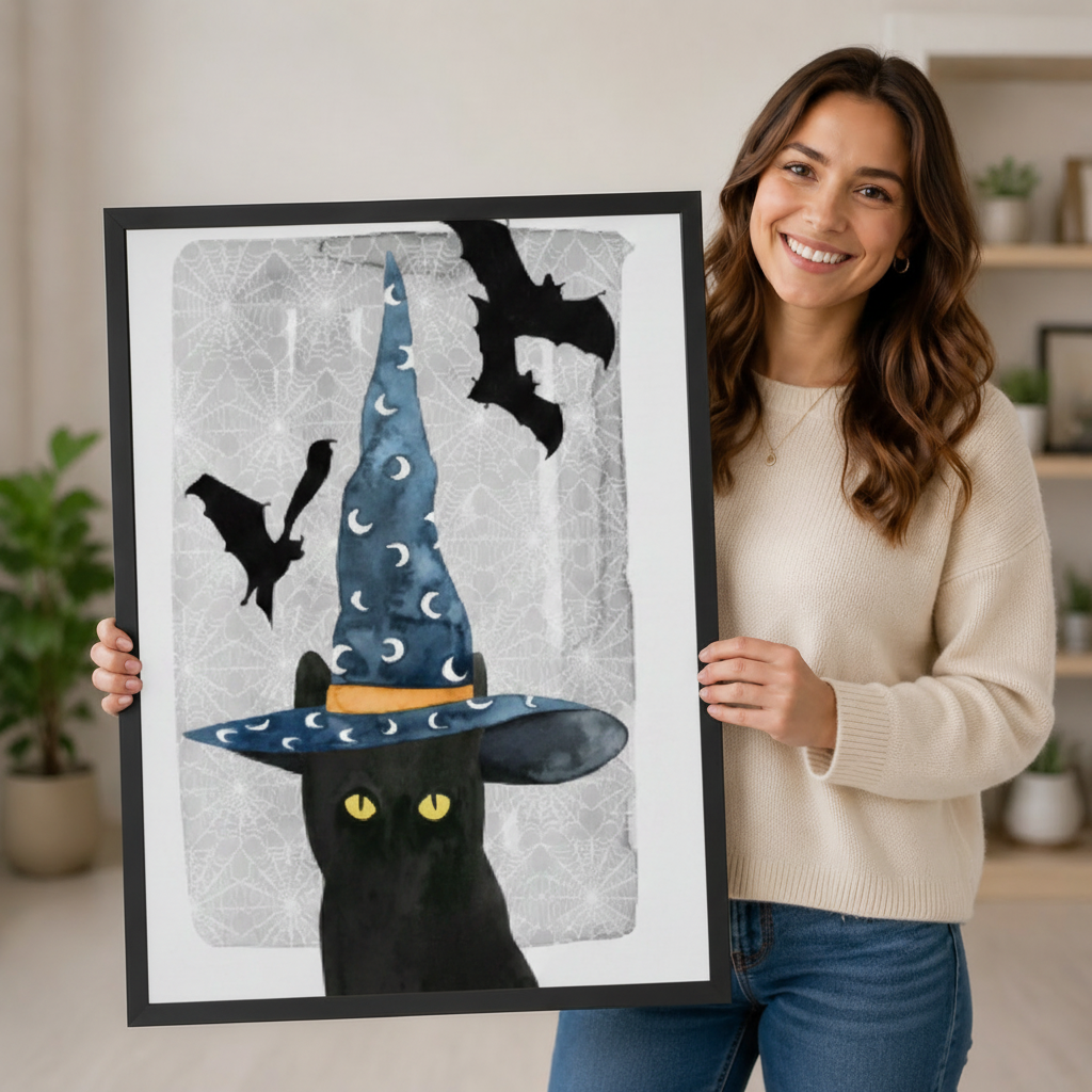 Smiling woman in a cream sweater holding a large black framed Halloween witch black cat with bat canvas art print with a black cat with glowing yellow eyes wearing a tall blue crescent moon witch hat and black bats flying on a crackled silver-gray watercolor background