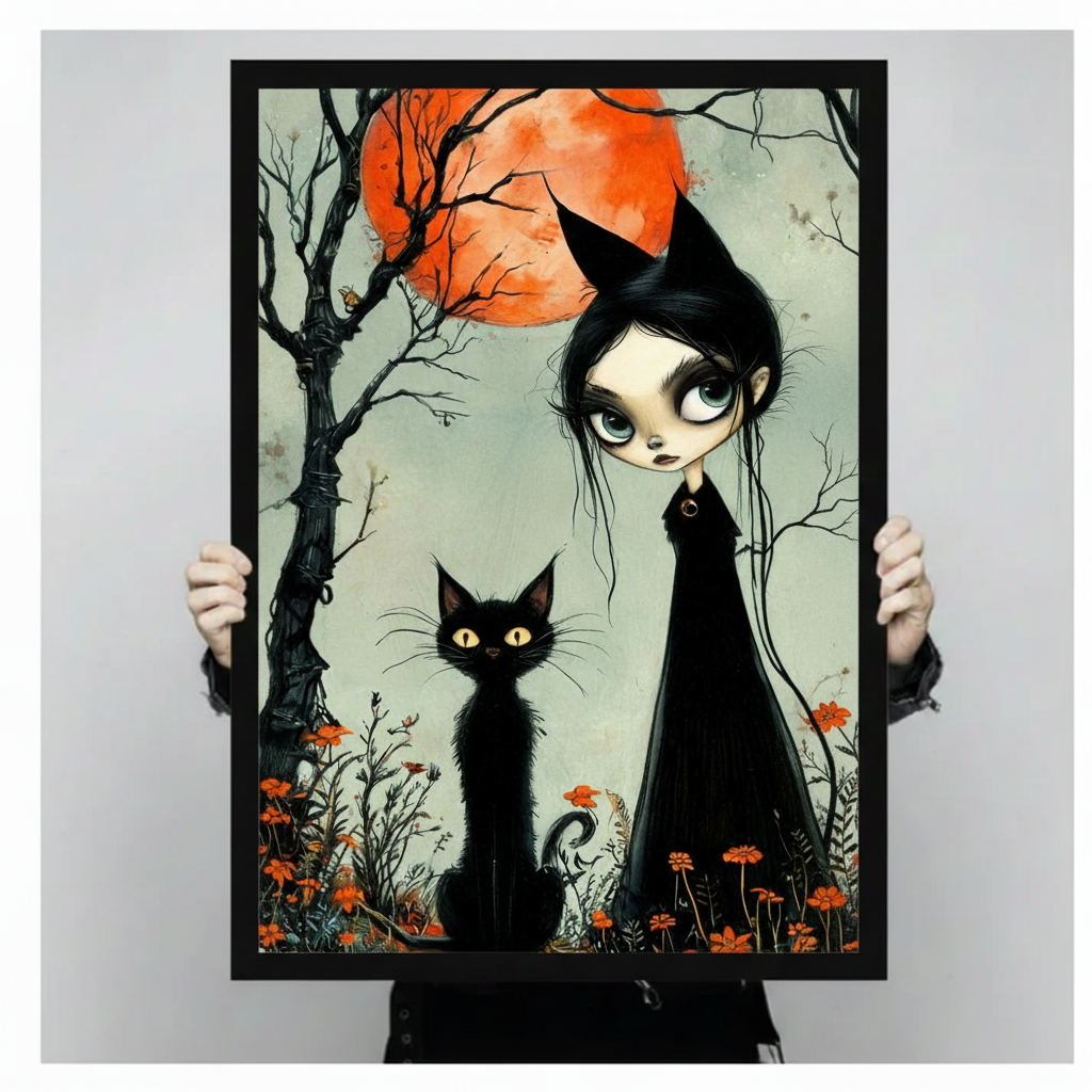 Hands holding gothic witch black cat framed canvas print — halloween wall art gift idea for cat lovers and dark decor enthusiasts