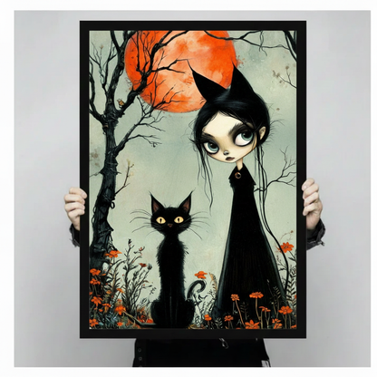 Hands holding gothic witch black cat framed canvas print — halloween wall art gift idea for cat lovers and dark decor enthusiasts