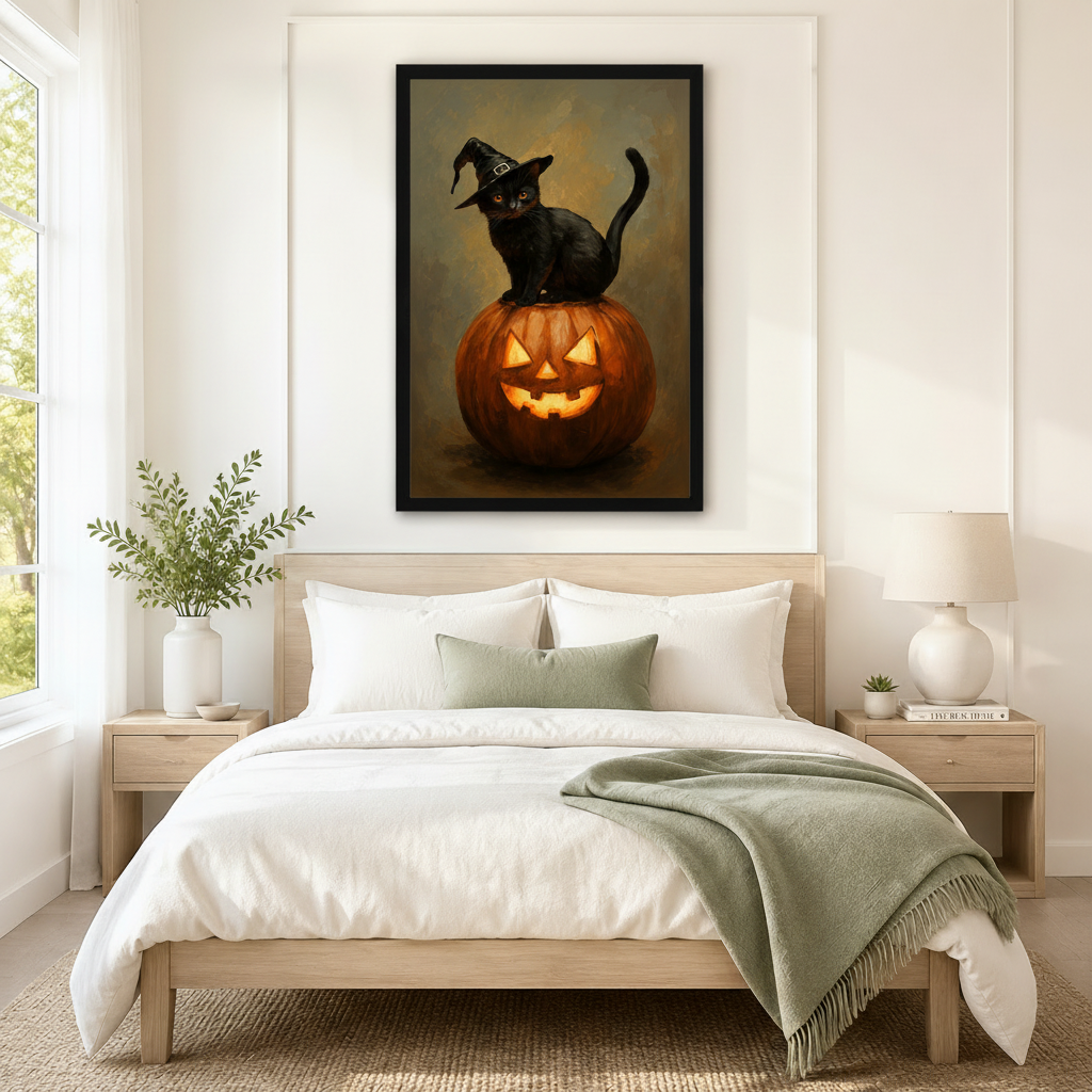 Large framed Halloween canvas art of a black cat wearing a witch hat seated on a glowing jack-o-lantern pumpkin, hung above a neutral linen bed in a minimalist Scandinavian bedroom