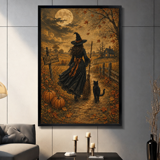 Vintage oil painting of a witch in a black dress and wide-brim hat walking a moonlit autumn path with a black cat carrying a broomstick beside a Halloween sign and pumpkins with a glowing cottage in the distance halloween wall art framed print dark panel wall living room