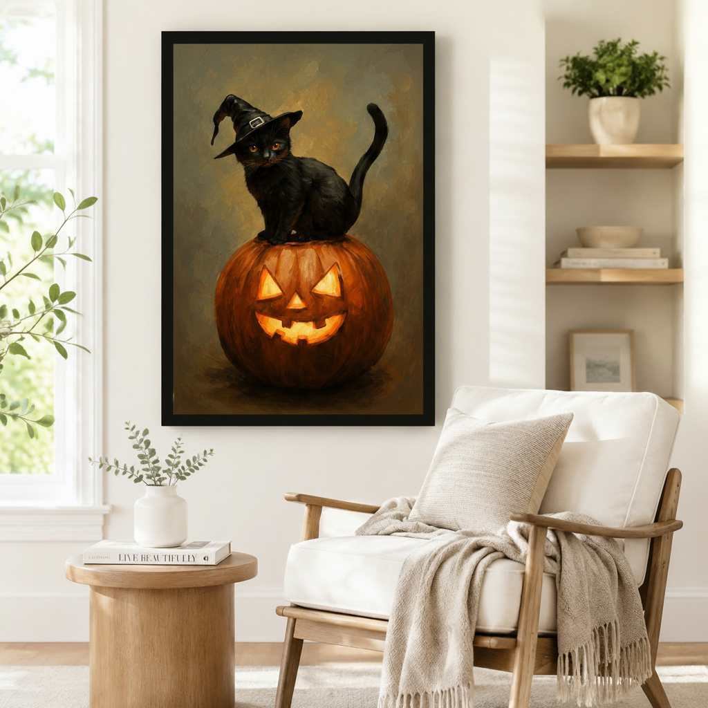 Framed oil-style Halloween wall art print of a black cat in a witch hat on a glowing carved pumpkin, styled beside a linen armchair and round side table