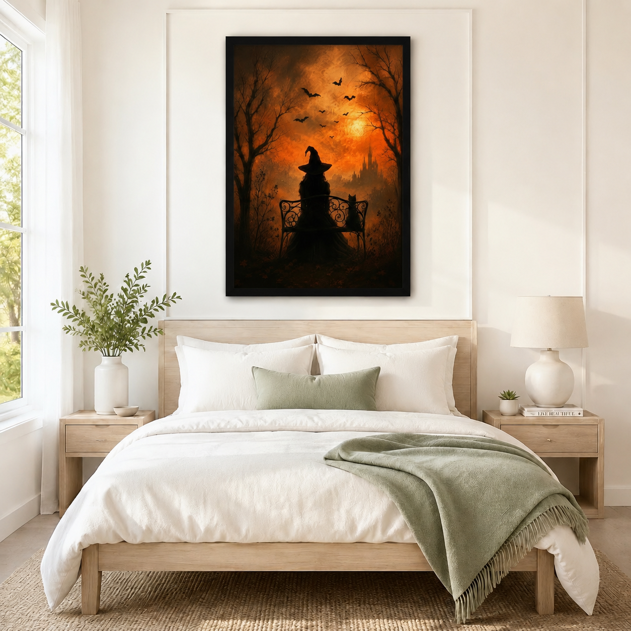 Framed halloween wall art of a witch and black cat silhouette on an ornate iron bench with glowing amber moonlight and flying bats, displayed above a neutral linen bed in a serene bedroom