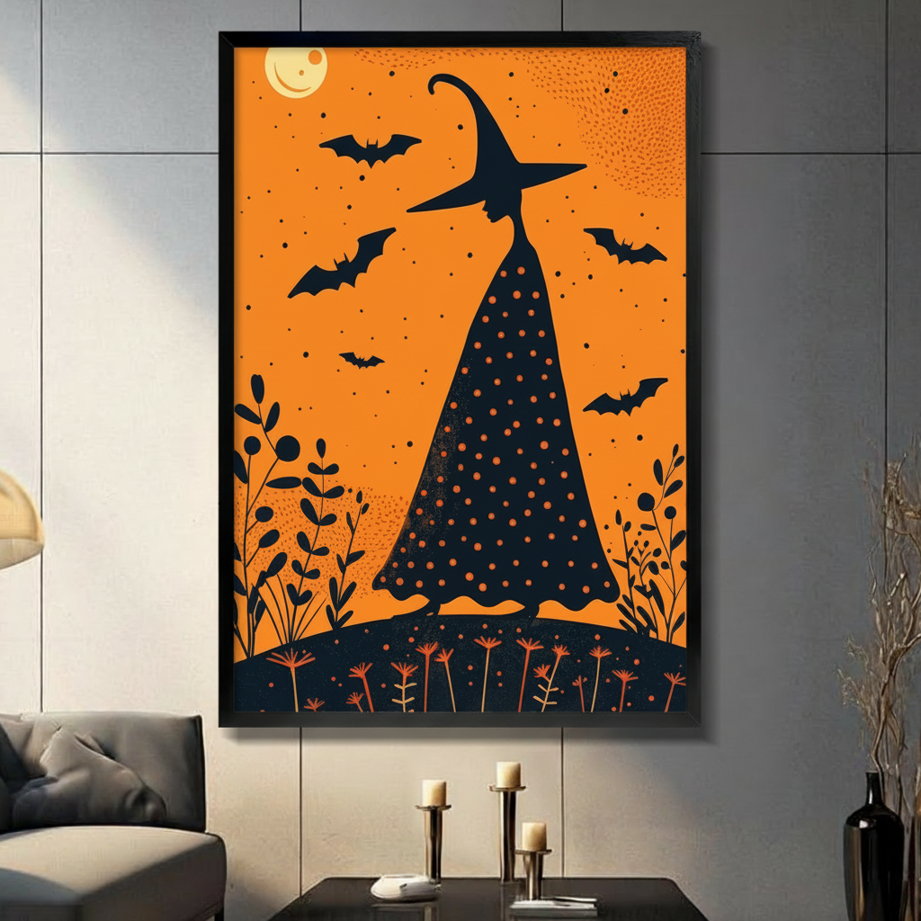 Halloween witch silhouette with flying bats and smiling moon on orange background black framed wall art in modern living room