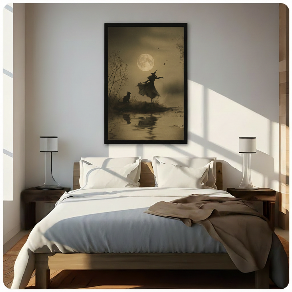 Framed Halloween-themed wall art print of a witch silhouette and black cat by a misty moonlit lake, displayed above a bed in a bright minimalist bedroom