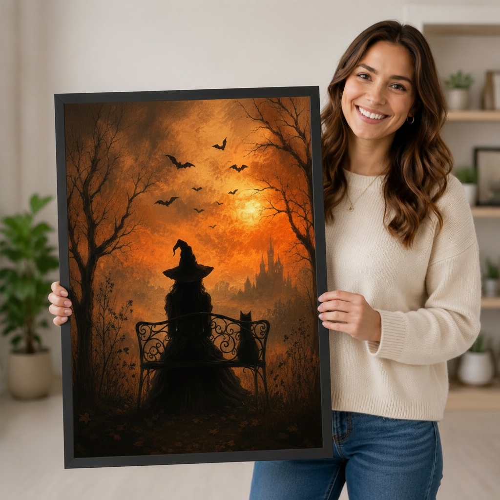 Woman holding a large framed halloween wall art print depicting a witch and cat silhouette on a bench with bats flying against a fiery orange sky, showing print size and black frame detail