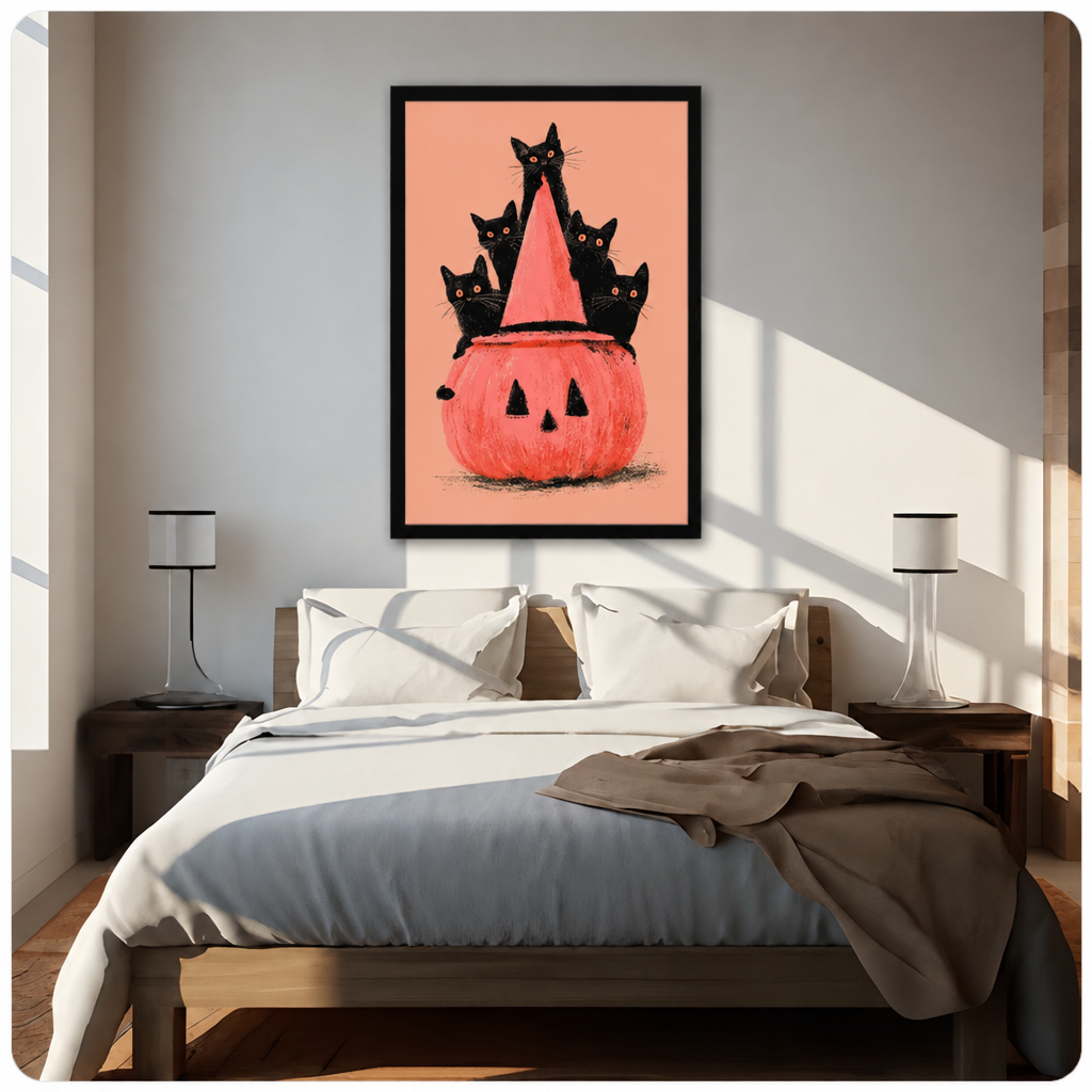 Black cat pumpkin canvas art in a black frame above a bed in a sunlit neutral bedroom.