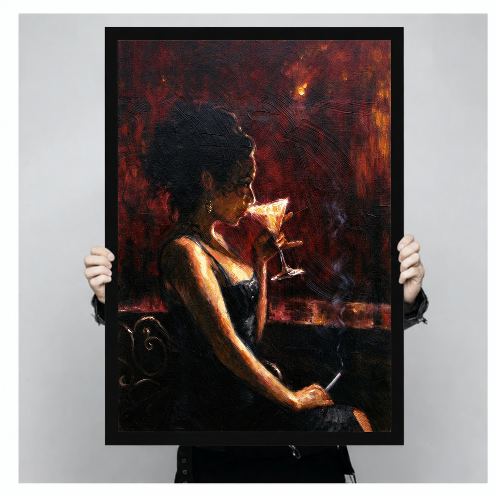 Vintage cocktail woman canvas wall art in a black frame, held by two hands against a gray background.