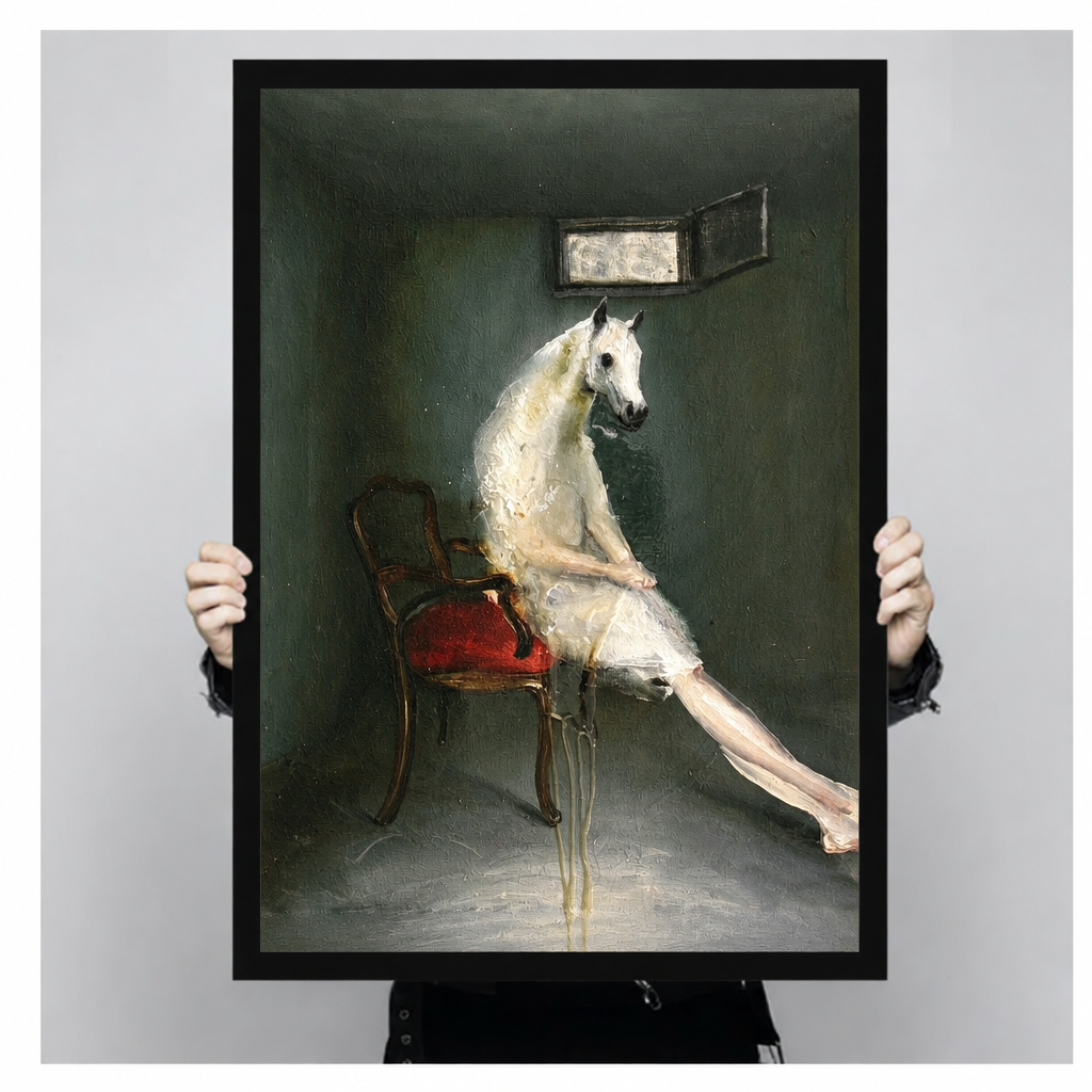 Hands holding black framed surreal horse woman artwork featuring an ivory figure seated on a red chair.
