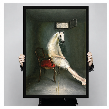 Hands holding black framed surreal horse woman artwork featuring an ivory figure seated on a red chair.