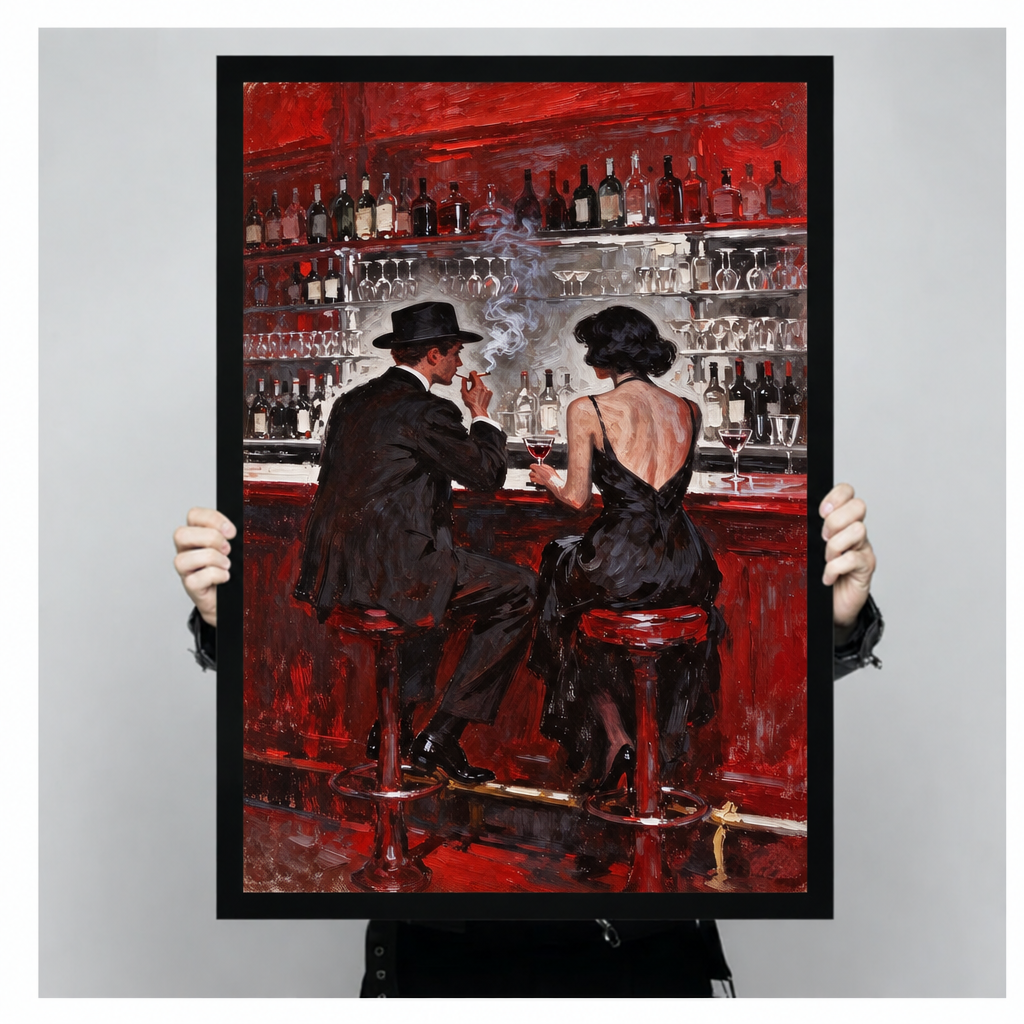 Hands holding black framed vintage bar couple canvas art featuring a man in a hat and woman in black.
