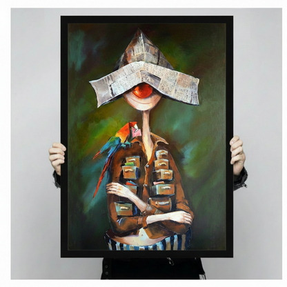 Person holding surreal newspaper hat figure with parrot black framed canvas wall art size reference dark green background