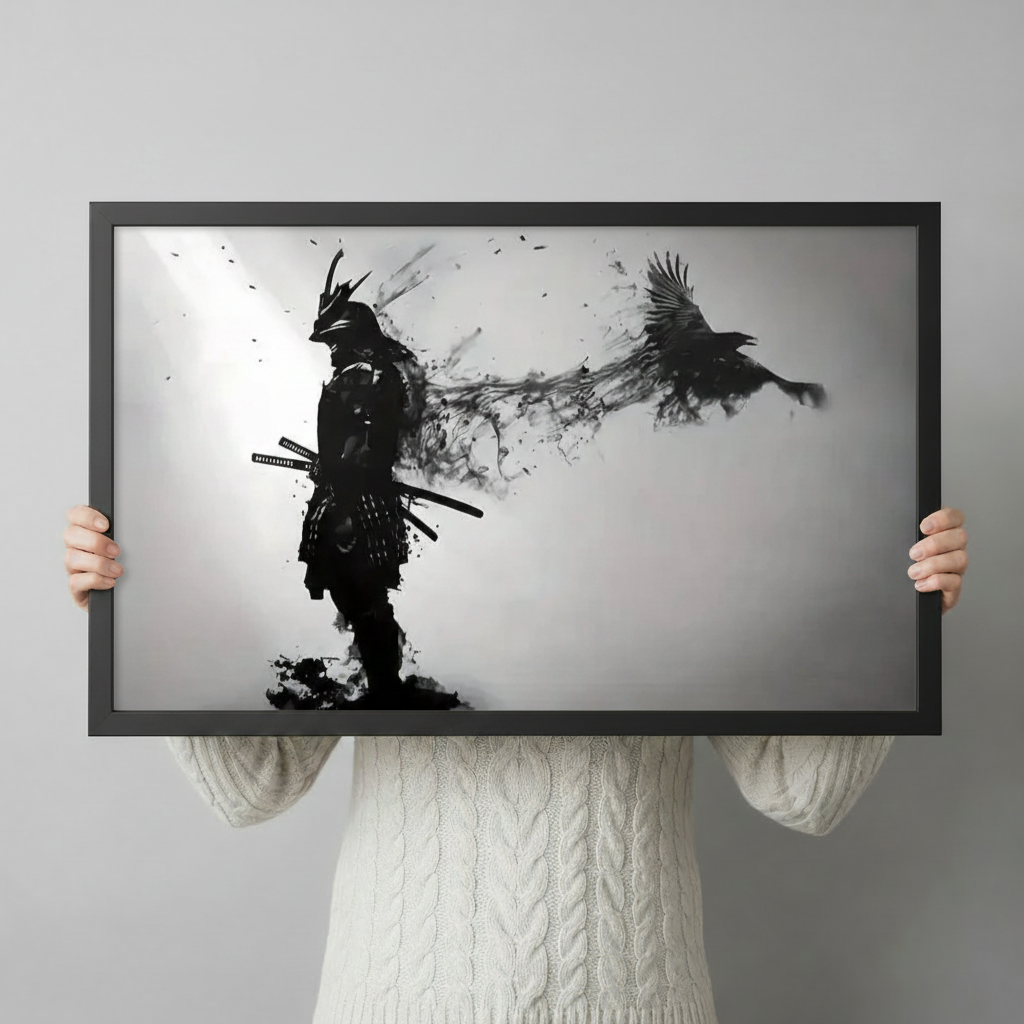 Person in white knit sweater holding framed samurai crow ink art canvas, Japanese warrior wall decor lifestyle shot