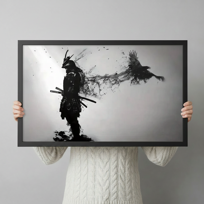 Person in white knit sweater holding framed samurai crow ink art canvas, Japanese warrior wall decor lifestyle shot