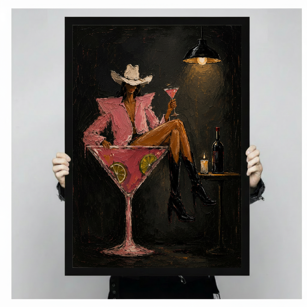 Person holding large framed canvas print of cowgirl in pink blazer and white hat sitting in oversized martini glass, moody impasto bar portrait against neutral gray background showing artwork size