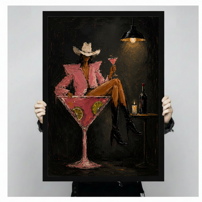 Person holding large framed canvas print of cowgirl in pink blazer and white hat sitting in oversized martini glass, moody impasto bar portrait against neutral gray background showing artwork size