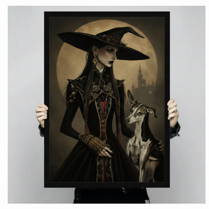 Gothic witch and greyhound full moon portrait in black float frame held by person against light gray background