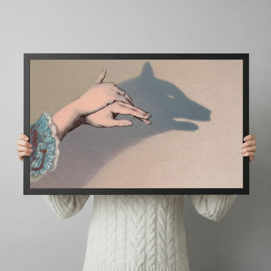 Person holding a black-framed art print depicting a delicate hand casting a wolf-shaped shadow, showcasing print size and quality

