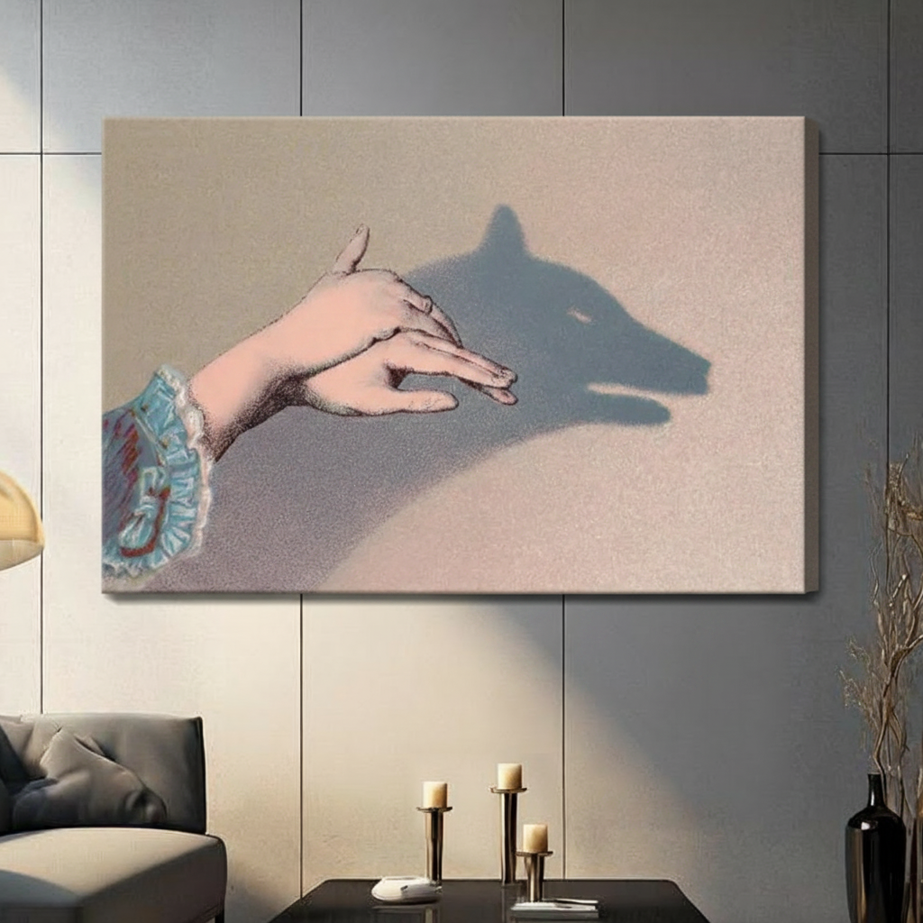 Frameless canvas print of a hand forming a wolf shadow puppet silhouette, shown in a contemporary living room interior setting