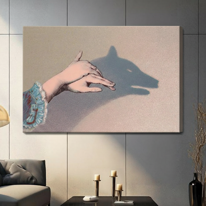 Frameless canvas print of a hand forming a wolf shadow puppet silhouette, shown in a contemporary living room interior setting