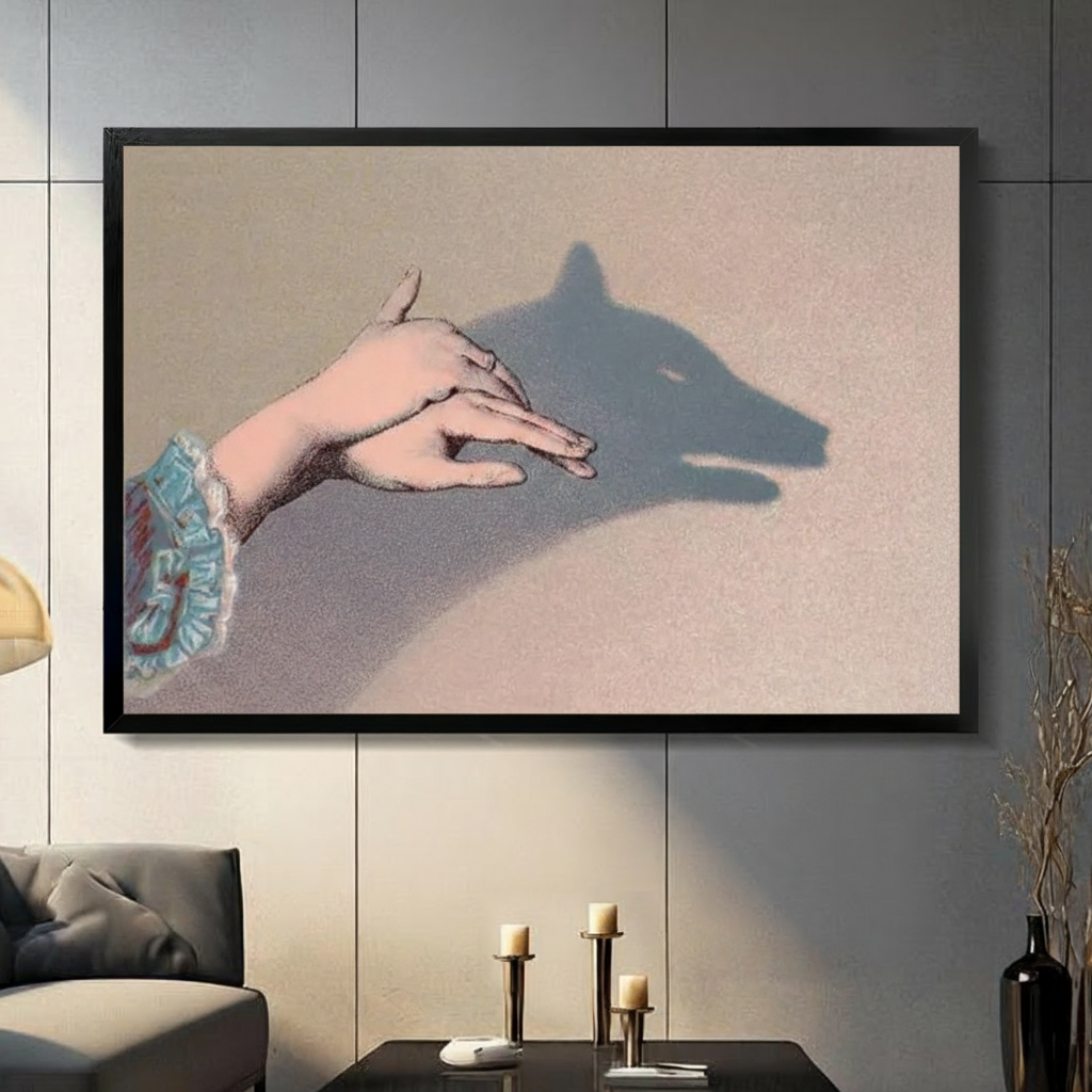 Framed canvas wall art featuring a hand casting a wolf shadow puppet, displayed in a modern living room above a dark console table with candles

