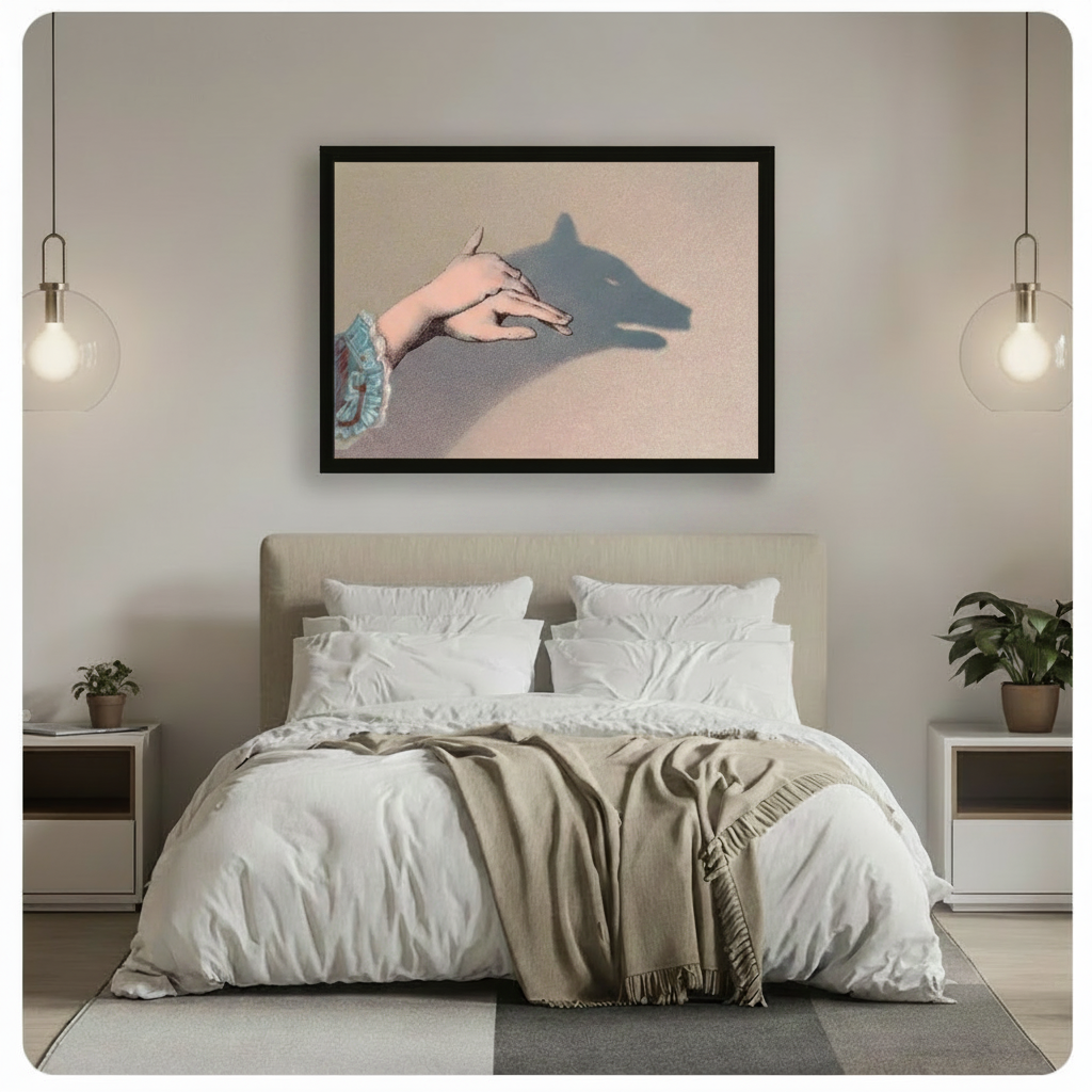 Black framed wall art print of a hand shadow wolf puppet hung above a bed in a minimalist neutral bedroom with pendant lighting