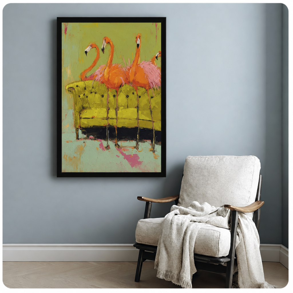 Flamingo wall art beside a cozy armchair, adding pink and citrus colors to a quiet room.