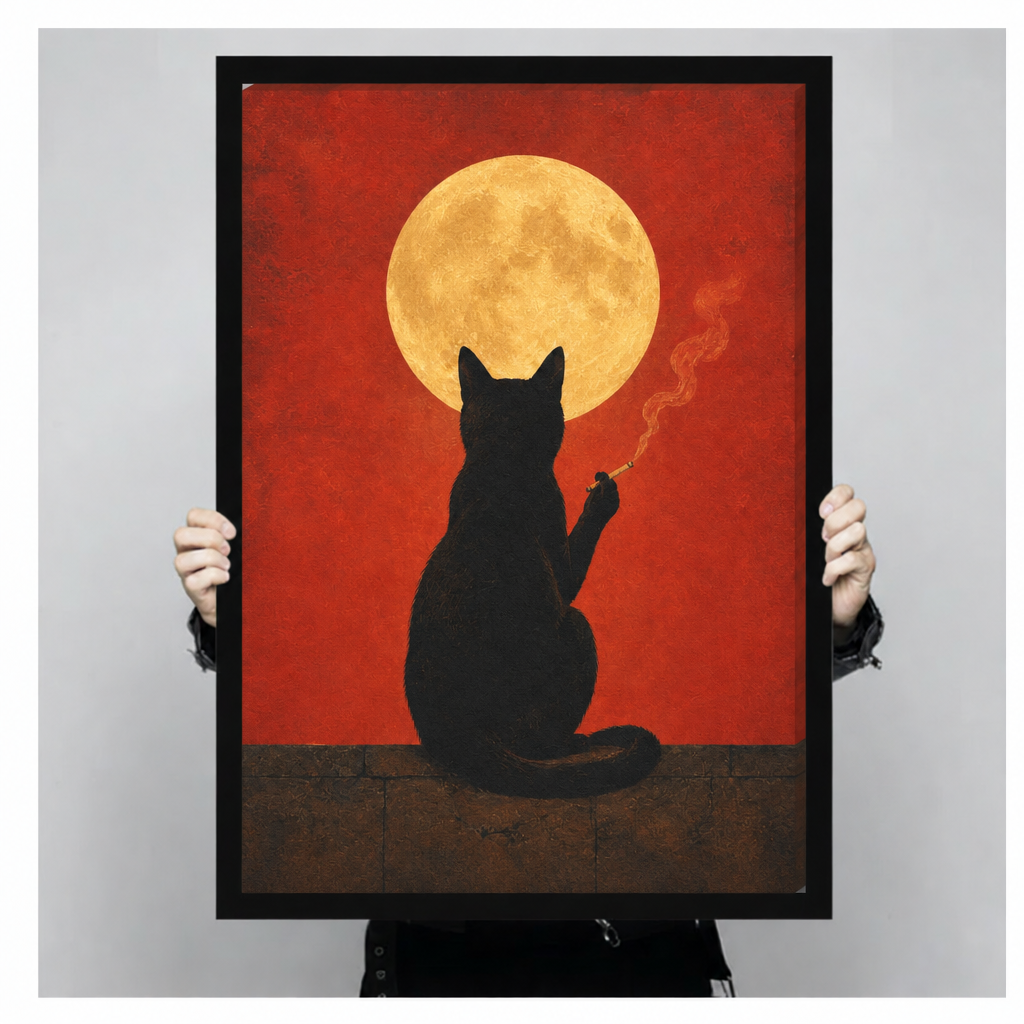 Handheld framed black cat moon print with a golden full moon and bold red background.