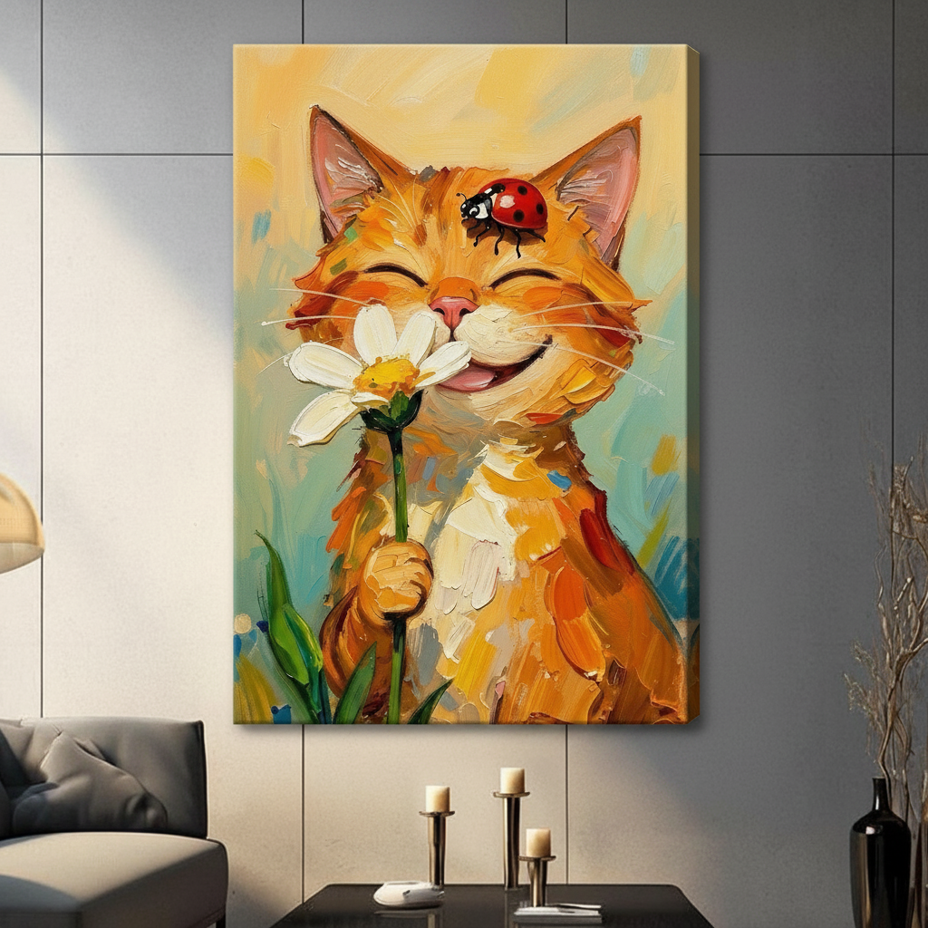 Happy orange cat with closed eyes holding a white daisy flower and a red ladybug on its forehead thick impasto oil painting cat wall art stretched canvas in a living room with gray sofa candle holders and black vase