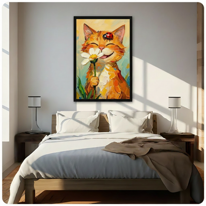 Smiling orange tabby cat clutching a white daisy with a red ladybug on its head warm impasto oil painting cat wall art framed print above a bedroom with white linen bedding dark wood bed frame and white table lamps
