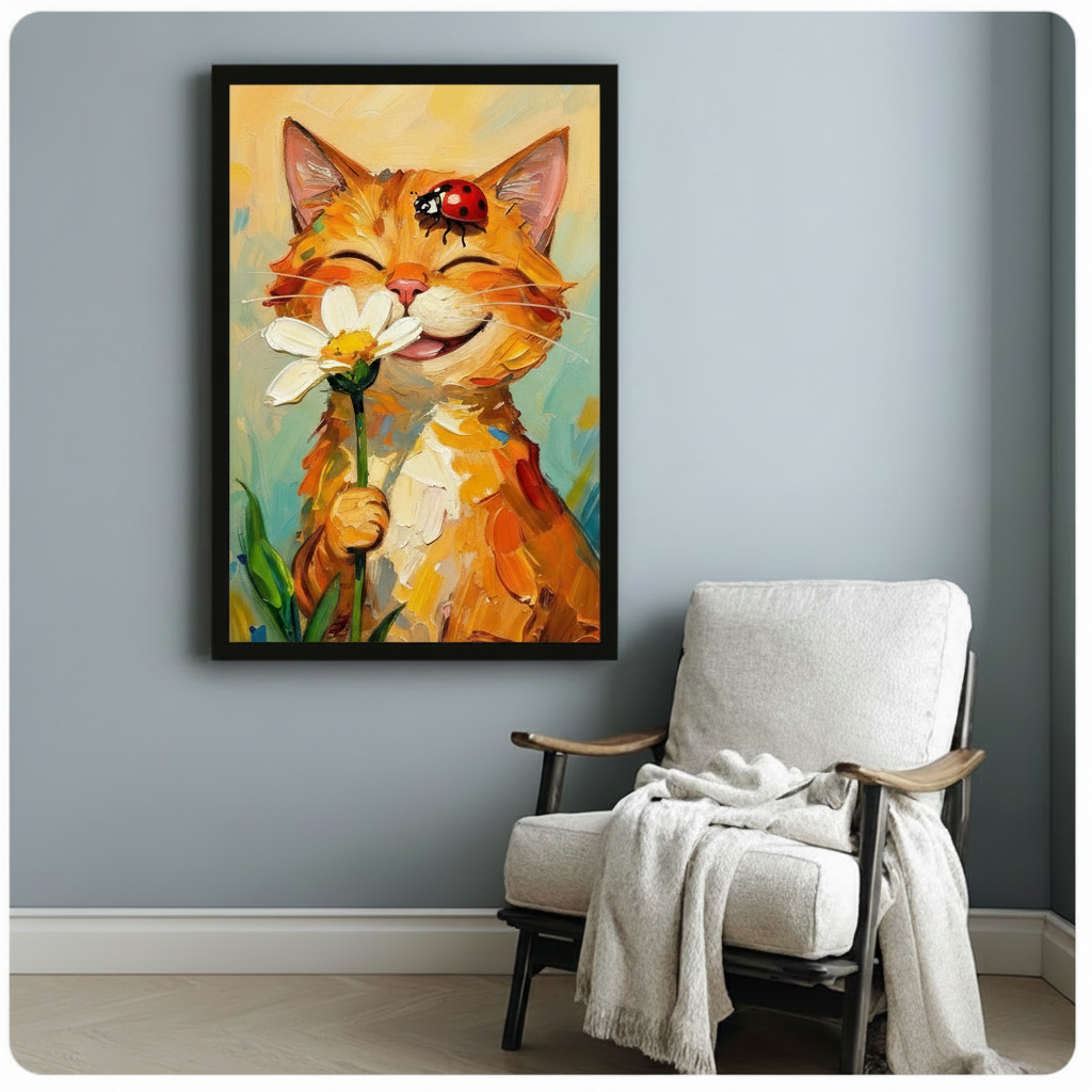 Joyful orange tabby cat smiling and holding a daisy with a ladybug perched on its head colorful impasto oil painting cat art framed print beside a white linen armchair with a cozy throw blanket