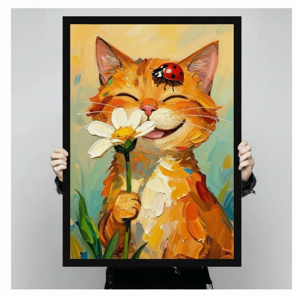 Cheerful orange cat with a ladybug on its head holding a white daisy whimsical cat oil painting wall art framed print held against a light gray background