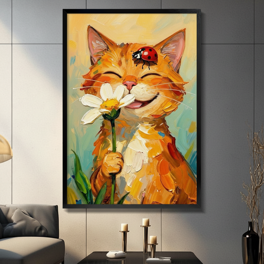 Smiling orange tabby cat holding a white daisy with a ladybug on its head oil painting impasto style cat wall art framed print in a living room with gray sofa candle holders and black vase