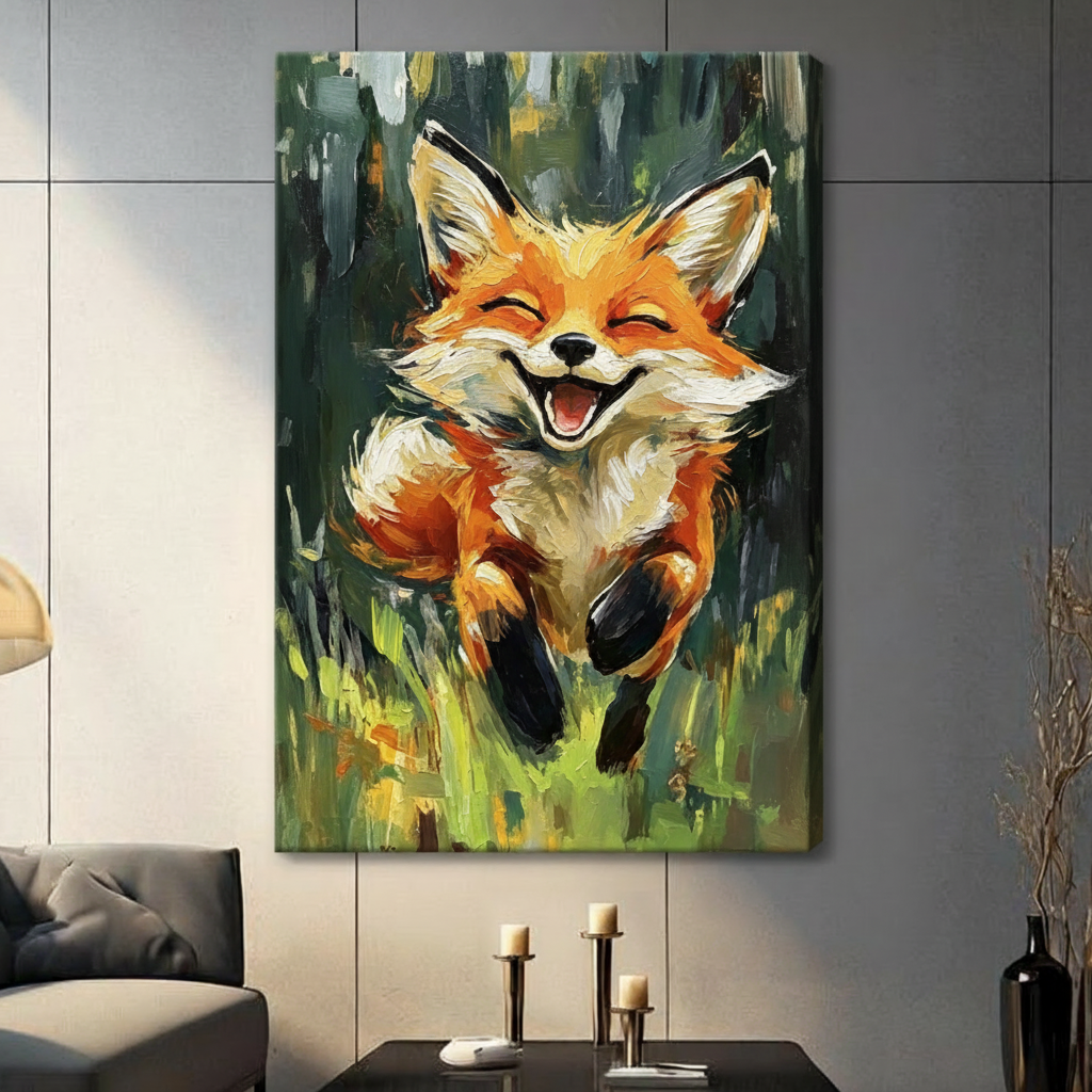 Expressive oil painting illustration of a joyful orange fox with closed eyes and a wide open smile leaping through a lush green forest meadow with bold painterly brushstrokes fox wall art stretched canvas in living room with dark gray panel wall and dark sofa