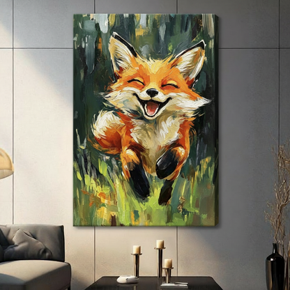 Expressive oil painting illustration of a joyful orange fox with closed eyes and a wide open smile leaping through a lush green forest meadow with bold painterly brushstrokes fox wall art stretched canvas in living room with dark gray panel wall and dark sofa