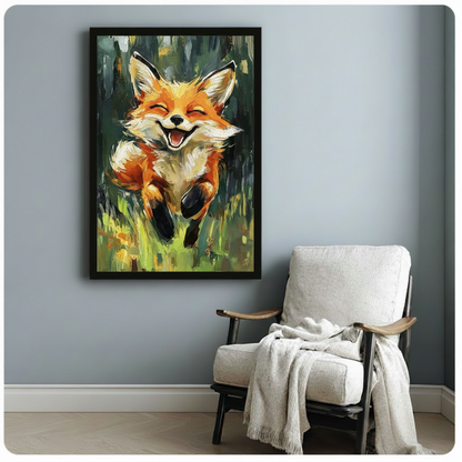 Expressive oil painting illustration of a joyful orange fox with closed eyes and a wide open smile leaping through a lush green forest meadow with bold painterly brushstrokes fox wall art framed print beside white wood armchair on blue-gray wall