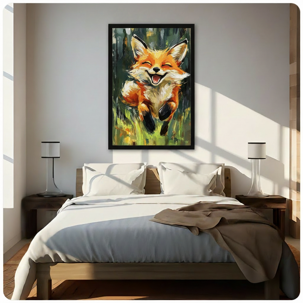Expressive oil painting illustration of a joyful orange fox with closed eyes and a wide open smile leaping through a lush green forest meadow with bold painterly brushstrokes fox wall art framed print above bedroom with white bedding and dark wood bedside tables