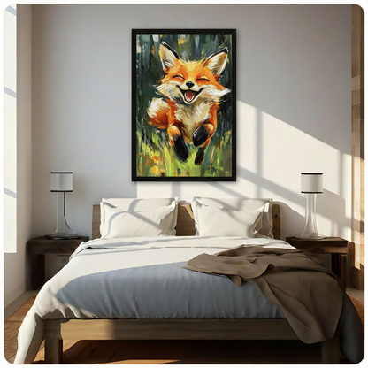 Expressive oil painting illustration of a joyful orange fox with closed eyes and a wide open smile leaping through a lush green forest meadow with bold painterly brushstrokes fox wall art framed print above bedroom with white bedding and dark wood bedside tables