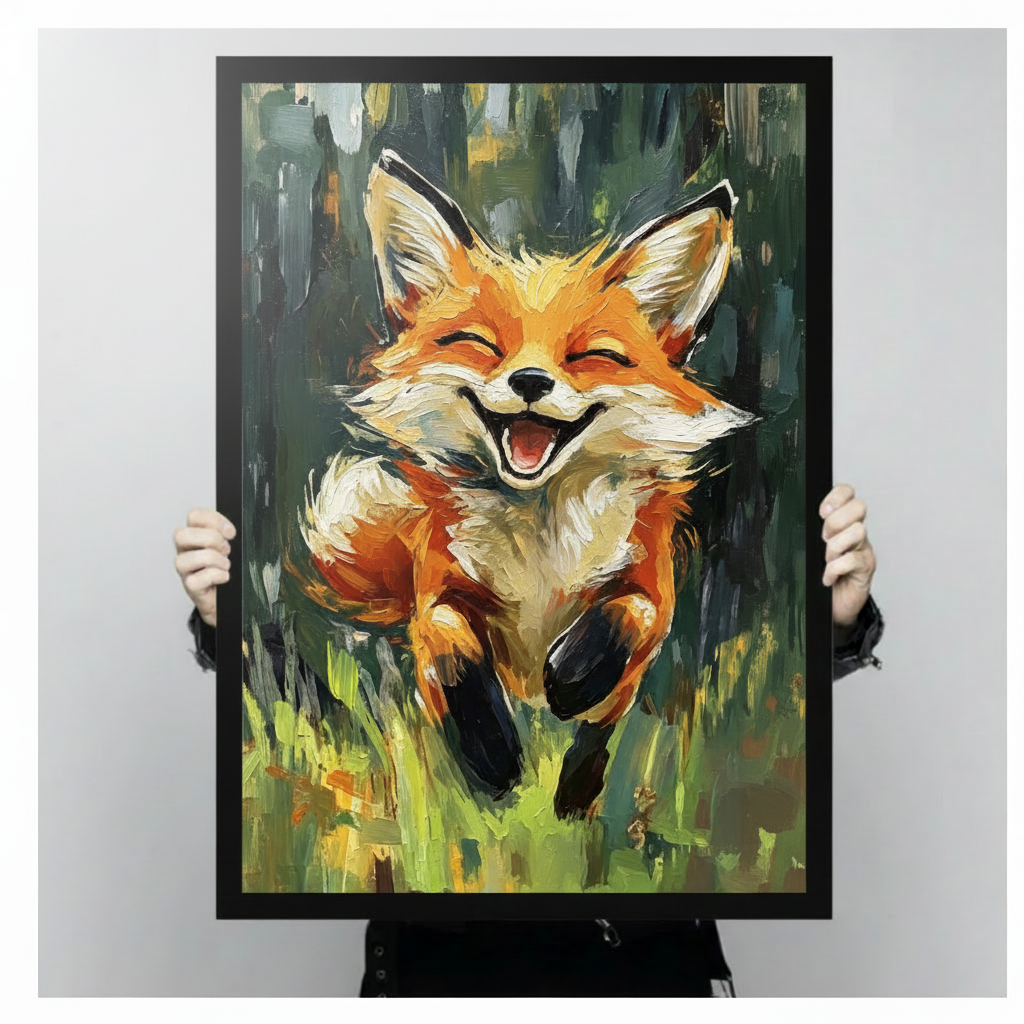 Expressive oil painting illustration of a joyful orange fox with closed eyes and a wide open smile leaping through a lush green forest meadow with bold painterly brushstrokes fox wall art framed print held against light gray background