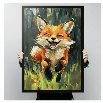Expressive oil painting illustration of a joyful orange fox with closed eyes and a wide open smile leaping through a lush green forest meadow with bold painterly brushstrokes fox wall art framed print held against light gray background