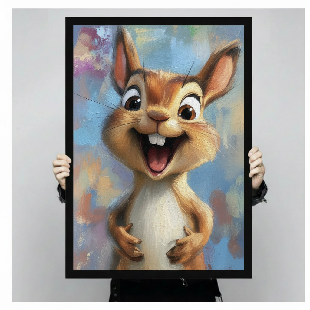 Framed happy laughing squirrel art print – colorful whimsical squirrel portrait with open mouth smile – premium funny animal wall art gift in black frame