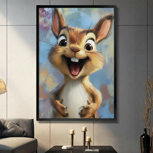 Black float-framed canvas funny squirrel wall art – whimsical laughing squirrel portrait with expressive big eyes – bold colorful animal canvas print for contemporary living room or kids room
