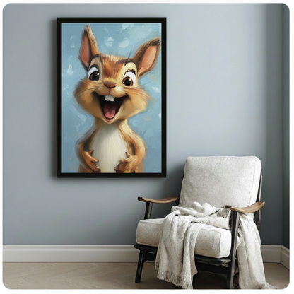 Black framed funny squirrel wall art print – whimsical laughing squirrel portrait with big eyes – cute animal oil painting poster for living room reading nook decor
