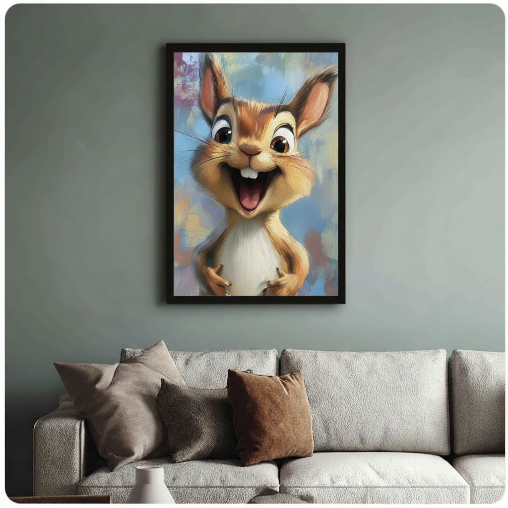 Black framed whimsical squirrel portrait wall art above sofa – happy laughing squirrel with colorful brushstroke background – funny animal art print for living room decor
