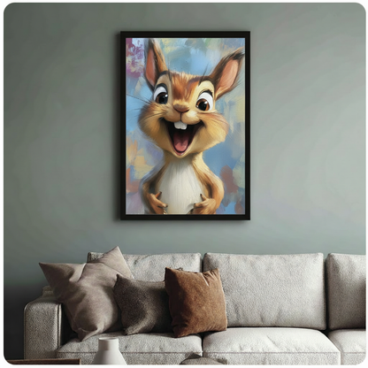 Black framed whimsical squirrel portrait wall art above sofa – happy laughing squirrel with colorful brushstroke background – funny animal art print for living room decor