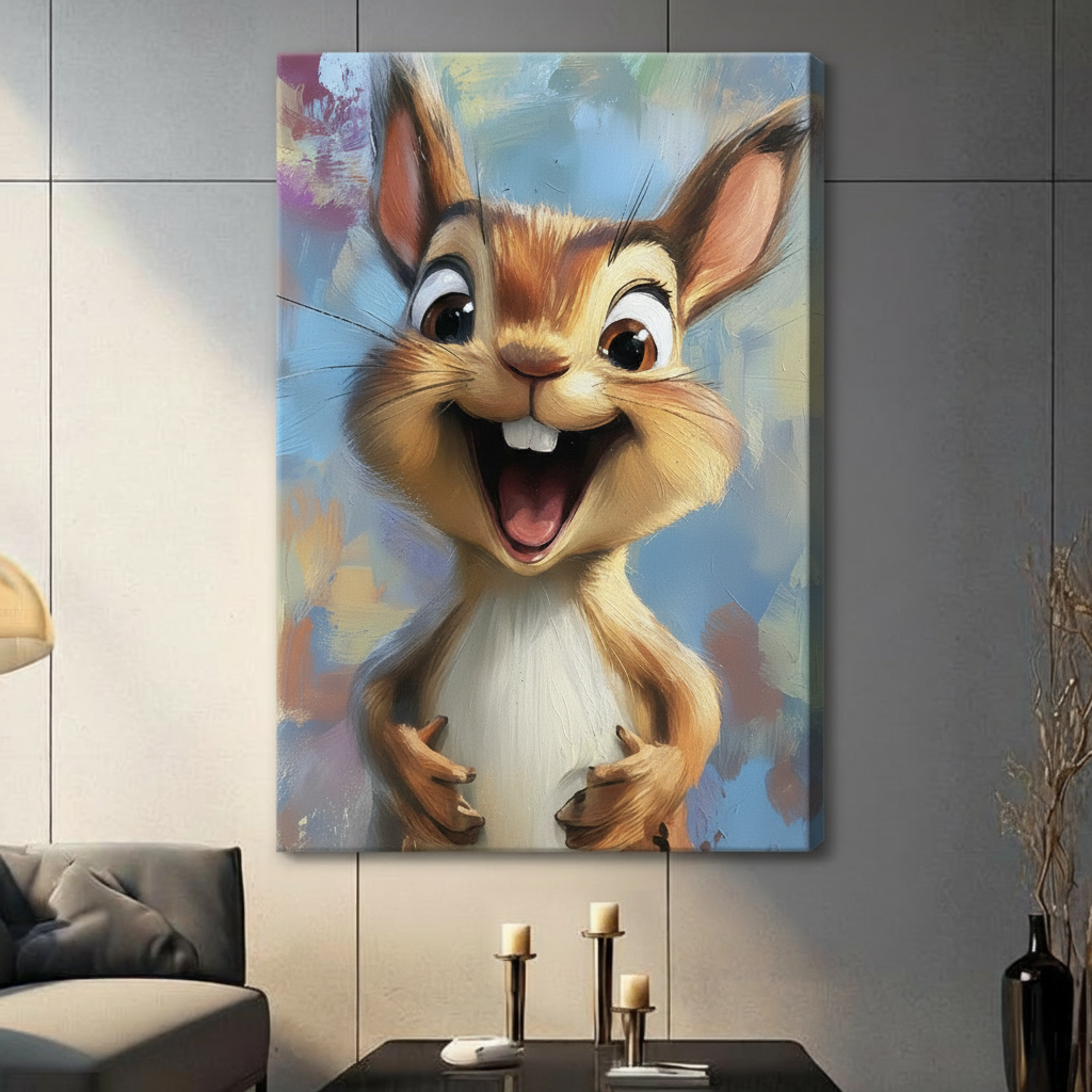 Happy squirrel canvas wall art – unframed canvas wrap with laughing squirrel oil painting on colorful blue and yellow background – large funny animal print for modern home decor